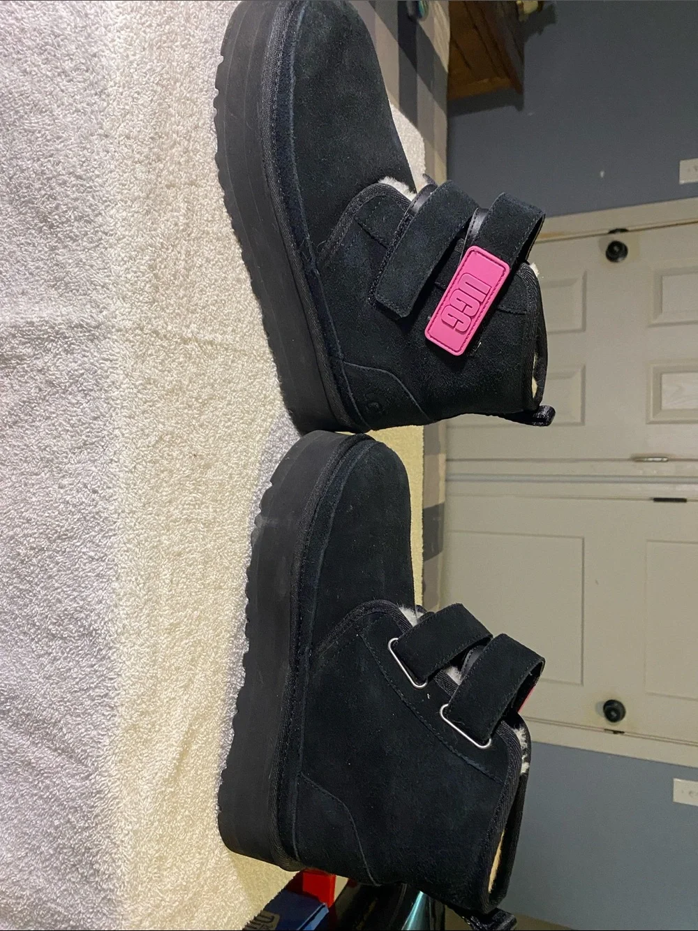 UGG Kids Black Suede Ankle Boots with Pink Logo Tab